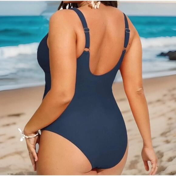 Cupshe Women’s Plus Size 2X Blue One-Piece Swimsuit V-Neck Mesh Tummy Control - Picture 3 of 9